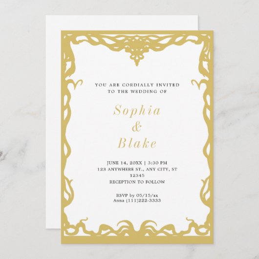 Elegant minimalistisch gouden en witte deco-huweli kaart (Voorkant / Achterkant)