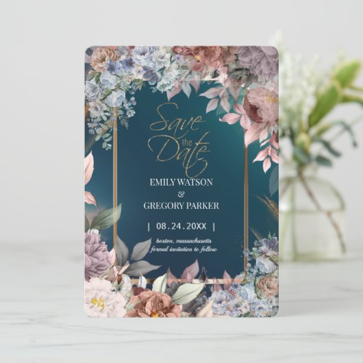 Elegant Minimalistisch Groen Bloemengoud Save the  Save The Date (Staand voorkant)