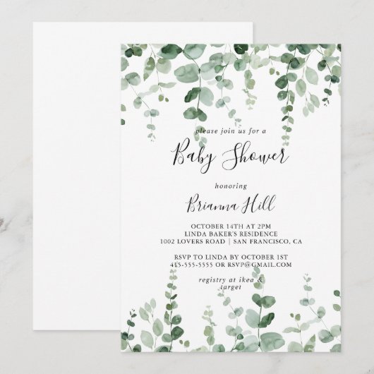 Elegant minimalistisch groen eucalyptus Baby showe Kaart (Voorkant / Achterkant)