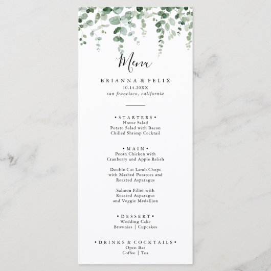 Elegant minimalistisch groen eucalyptus diner menu (Voorkant)