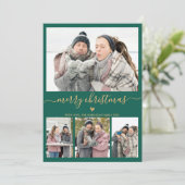 Elegant minimalistisch groen goud 4 FotoKerstmis Feestdagenkaart (Staand voorkant)