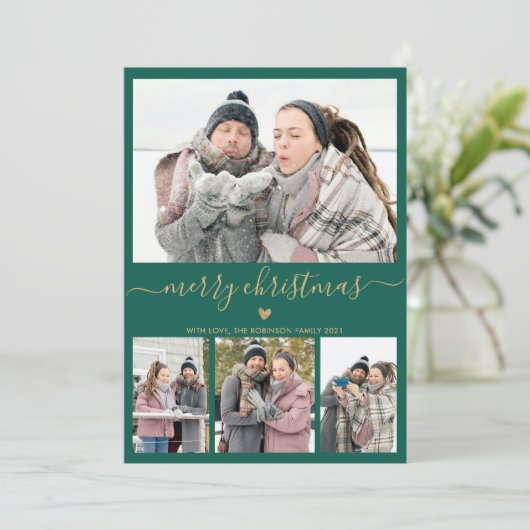 Elegant minimalistisch groen goud 4 FotoKerstmis Feestdagenkaart (Staand voorkant)