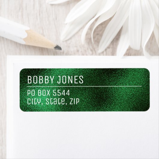 Elegant minimalistisch groen metallic retouradres etiket (Insitu)