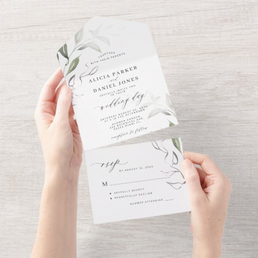 Elegant minimalistisch groen verlaat RSVP bruiloft All In One Uitnodiging (Afscheurbaar)