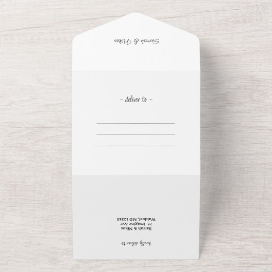 Elegant minimalistisch handschrift zwart-wit all in one uitnodiging (Buitenkant)