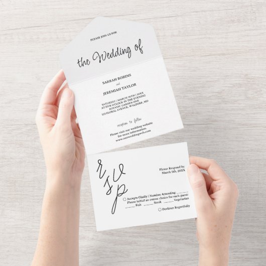 Elegant minimalistisch handschrift zwart-wit all in one uitnodiging (Afscheurbaar)