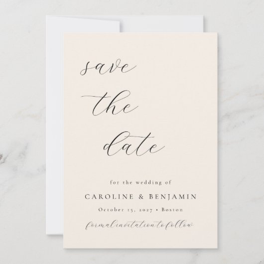Elegant Minimalistisch Ivory Cream Calligraphy Wed Save The Date (Voorkant)