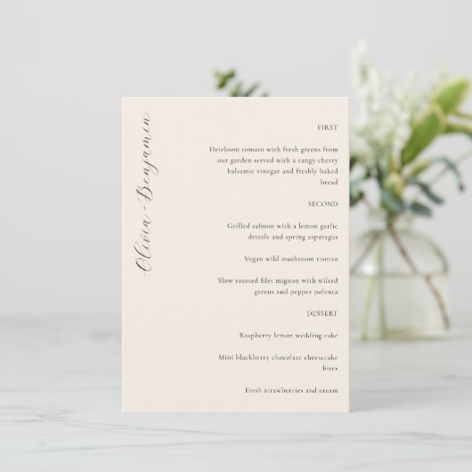 Elegant Minimalistisch Ivory Script Custom Wedding Menu (Staand voorkant)
