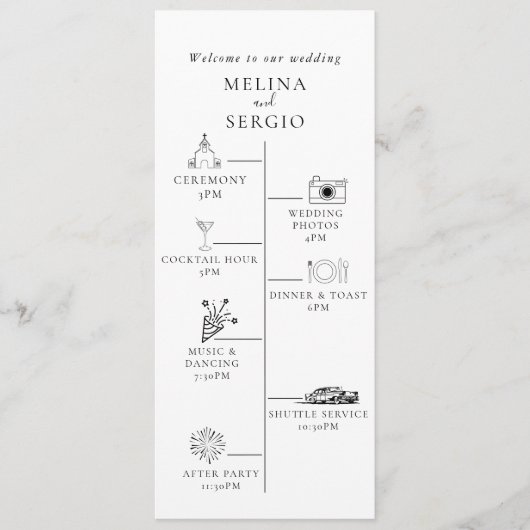Elegant minimalistisch kalligrafie tijdlijnhuwelij programmakaart (Voorkant)