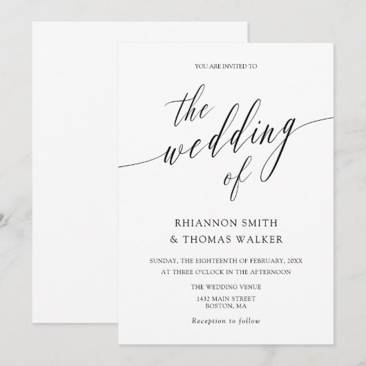 Elegant minimalistisch kalligrafiehuwelijk kaart (Voorkant / Achterkant)