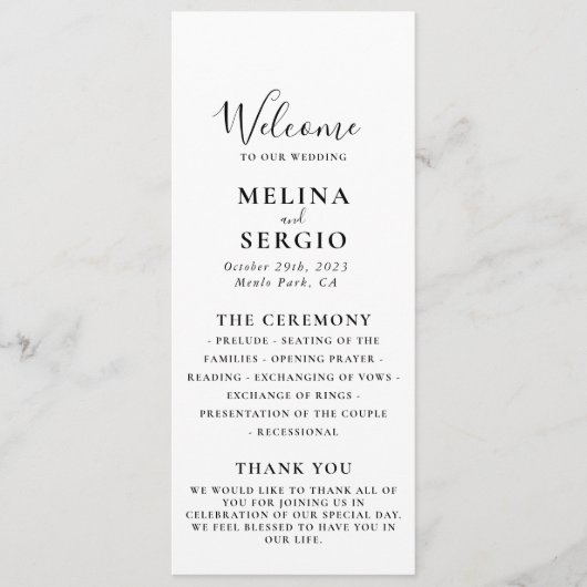 Elegant minimalistisch kalligrafiehuwelijk programmakaart (Voorkant)