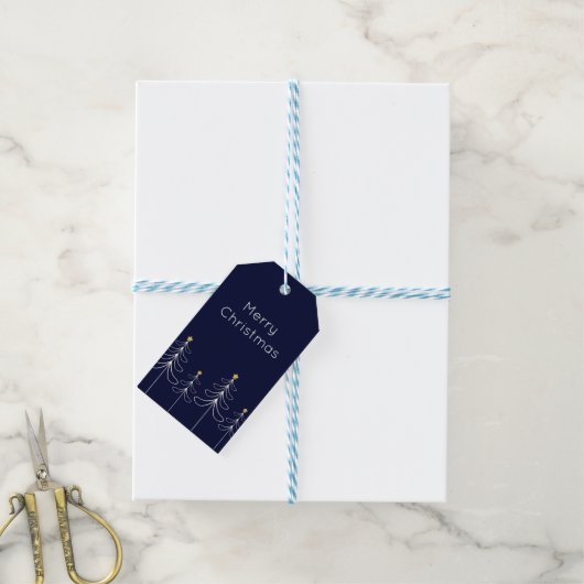 Elegant minimalistisch kerstboomontwerp blauw cadeaulabel (Met Touw)