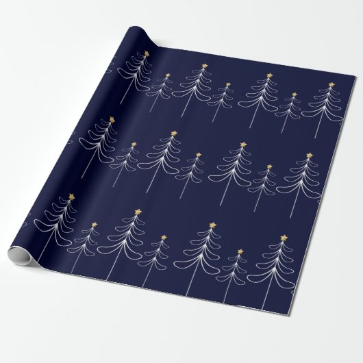Elegant minimalistisch kerstboomontwerp blauw cadeaupapier (Uitgerold)