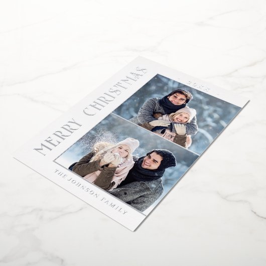 Elegant minimalistisch kerstfeest 2 Foto Silver Folie Feestdagenkaart (Gedraaid)