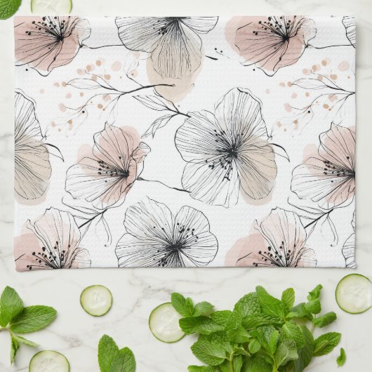 Elegant minimalistisch lijnkunst bloemenpatroon theedoek (Gevouwen)