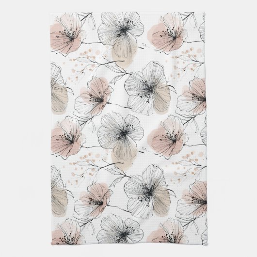 Elegant minimalistisch lijnkunst bloemenpatroon theedoek (Verticaal)