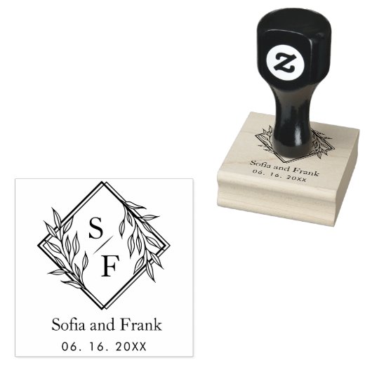 Elegant minimalistisch loof bruiloft monogram rubberstempel (Gestempeld)