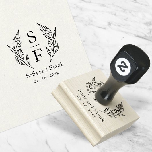 Elegant minimalistisch loof bruiloft monogram rubberstempel