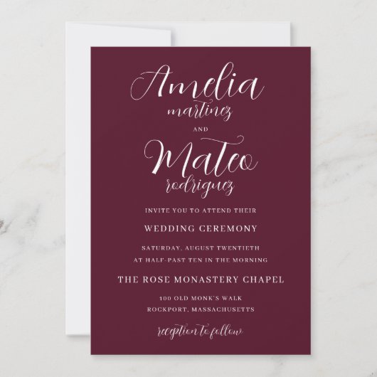 Elegant Minimalistisch Manuscript Burgundy Wedding Kaart (Voorkant)