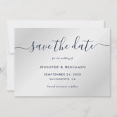 Elegant minimalistisch marineblauw en zilver huwel save the date (Voorkant)