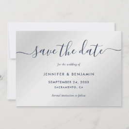 Elegant minimalistisch marineblauw en zilver huwel save the date