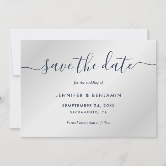 Elegant minimalistisch marineblauw en zilver huwel save the date (Voorkant)