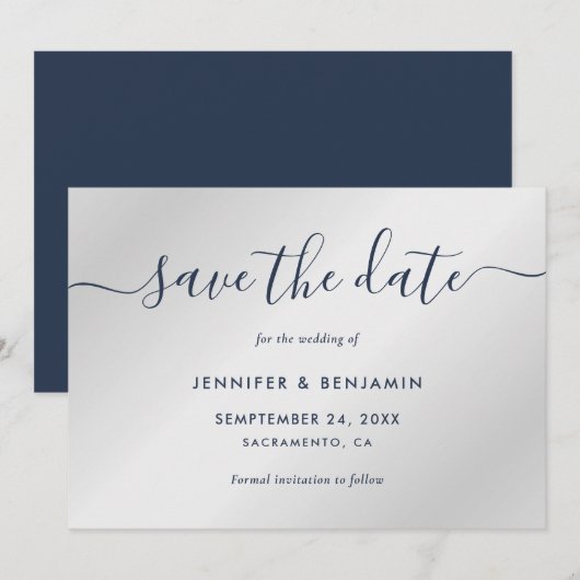 Elegant minimalistisch marineblauw en zilver huwel save the date (Voorkant / Achterkant)
