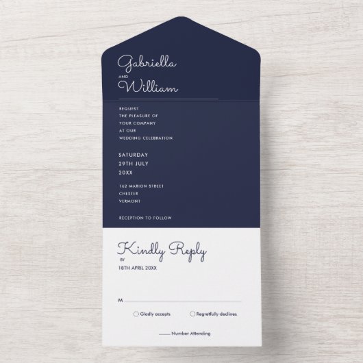 Elegant minimalistisch marinemonolohuwelijks all in one uitnodiging (Binnen)