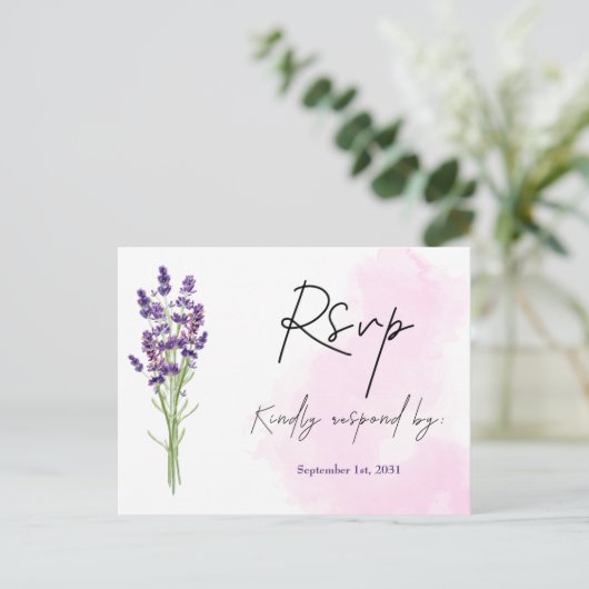 Elegant minimalistisch Mode Lavender RSVP Wedding Briefkaart (Staand voorkant)