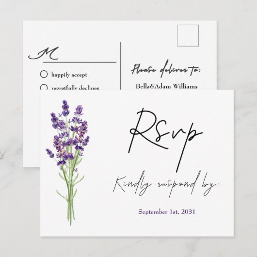 Elegant minimalistisch Mode Lavender RSVP Wedding Briefkaart (Voorkant / Achterkant)