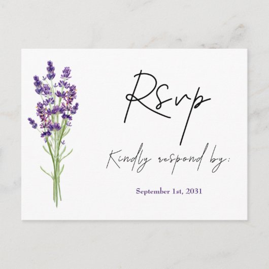 Elegant minimalistisch Mode Lavender RSVP Wedding Briefkaart (Voorkant)