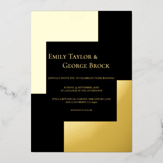 Elegant minimalistisch modern huwelijk zwart en go folie uitnodiging (Voorkant)