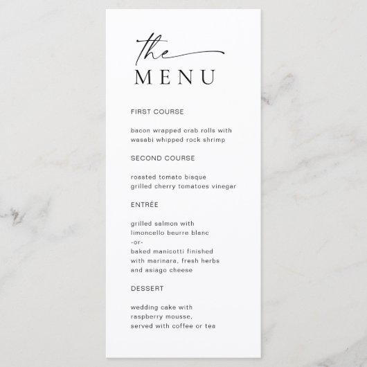 Elegant minimalistisch modern huwelijksdiner menu (Voorkant)