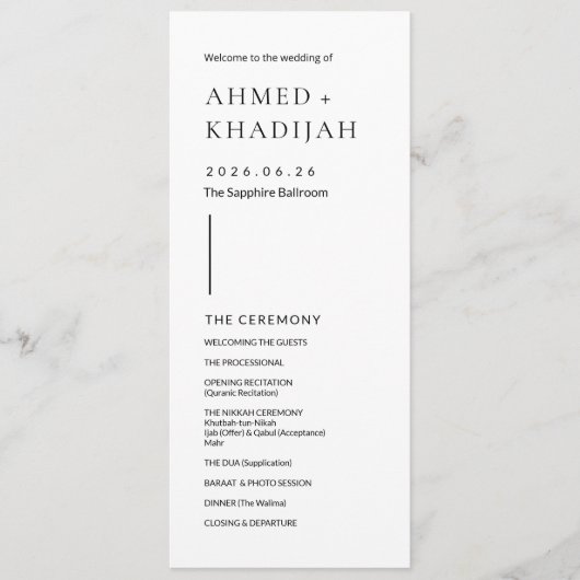 Elegant Minimalistisch Modern Islamitisch Huwelijk Programmakaart (Voorkant)
