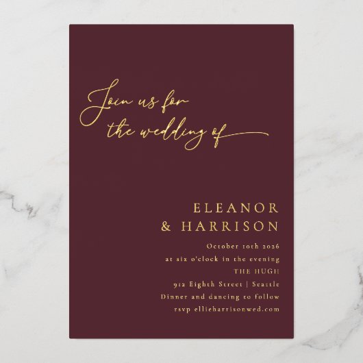 Elegant minimalistisch modern modern Bourgognitisc Folie Uitnodiging (Voorkant)