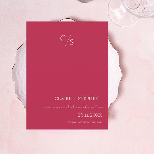 Elegant minimalistisch monogram Magenta Weddenscha Aankondigingskaart