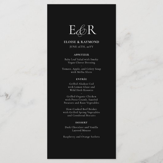 Elegant minimalistisch monogram zwart bruiloft menu (Voorkant)