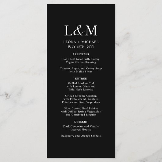 Elegant minimalistisch monogram zwart bruiloft menu (Voorkant)