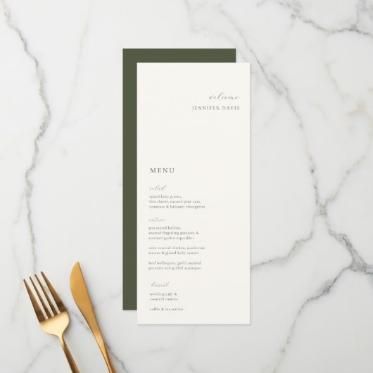 Elegant Minimalistisch Moss Green Place Card Menu (Voorkant / Achterkant in situ)