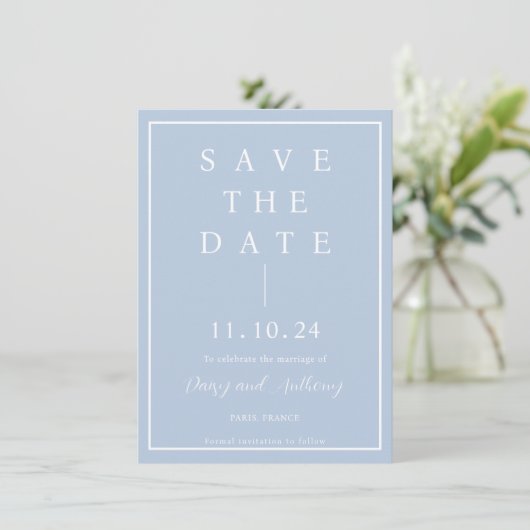 Elegant minimalistisch mosterdblauw bespaart de da save the date (Staand voorkant)