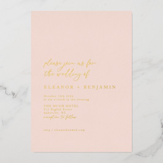 Elegant minimalistisch perachy Blush Pink Weddensc Folie Uitnodiging (Voorkant)