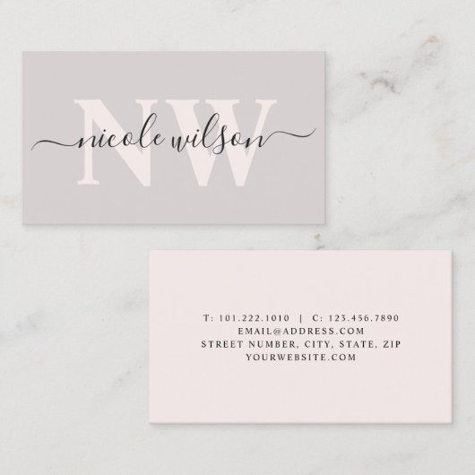 Elegant minimalistisch roze monogram visitekaartje (Voorkant / Achterkant)