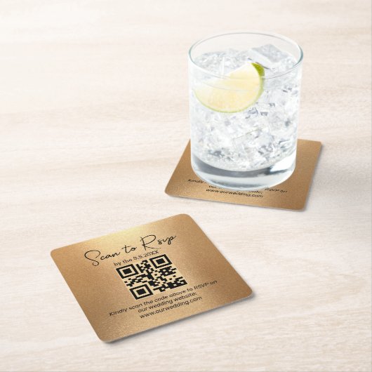 elegant minimalistisch rsvp qr code bruiloft golde kartonnen onderzetters (Insitu)