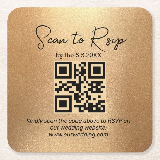 elegant minimalistisch rsvp qr code bruiloft golde kartonnen onderzetters (Voorkant)