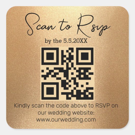 elegant minimalistisch rsvp qr code bruiloft goud vierkante sticker (Voorkant)