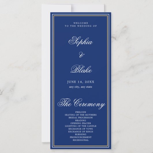 Elegant Minimalistisch Saffierblauw Trouwprogramma (Voorkant)