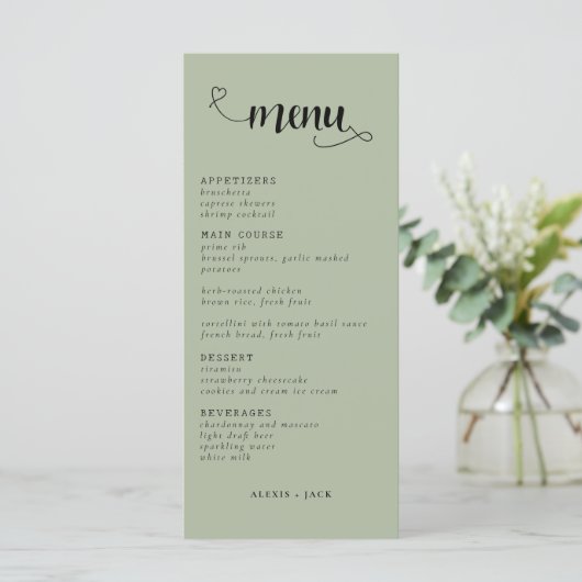 Elegant Minimalistisch Sage Groene Trouwtafel Menu (Staand voorkant)