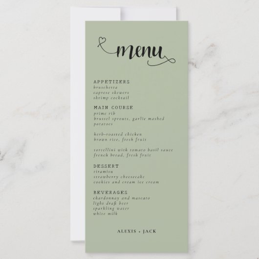 Elegant Minimalistisch Sage Groene Trouwtafel Menu (Voorkant)