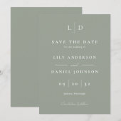 Elegant minimalistisch sagegroen monogram huwelijk save the date (Voorkant / Achterkant)