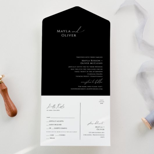Elegant Minimalistisch Schrift | Zwart Stempel en  All In One Uitnodiging